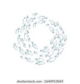 Aquatic fish school silhouette. Group of swimming fish creates a unique pattern. Underwater scene, chalk texture, ideal for marine projects or educational materials.