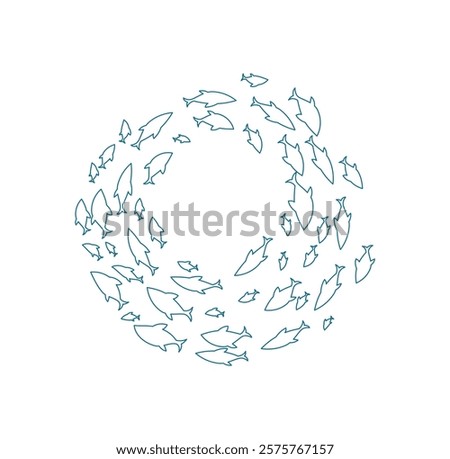 Aquatic fish school silhouette. Group of swimming fish in a swirling pattern. Underwater life, flat doodle style, suitable for marine projects.