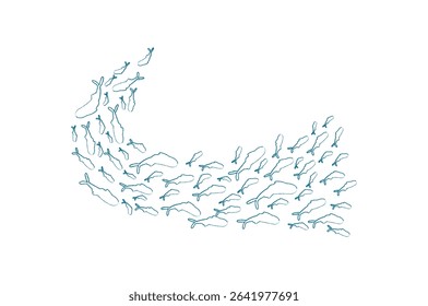 Aquatic fish school swims in the ocean. Many silhouettes of aquatic creatures create a unique pattern. Underwater design, chalk style, ideal for summer themes and marine life projects.