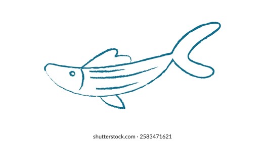 Aquatic fish swim in the ocean. Silhouette of a creature forms a unique school pattern. Underwater doodle style, perfect for icons or marine designs. Chalk and crayon style