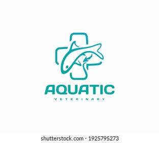 Aquatic And Fish Veterinarian Logo Design. Aquatic Animal Medicine, Pet Fish Hospital Vector Design. Aquatic Animal Health And Disease Logotype