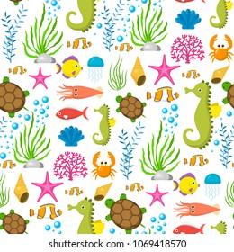 Aquatic funny sea animals underwater creatures cartoon characters shell aquarium sealife seamless pattern background vector illustration.