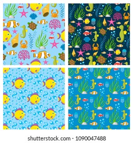 Aquatic funny sea animals underwater creatures cartoon characters shell aquarium sealife seamless pattern background vector illustration.