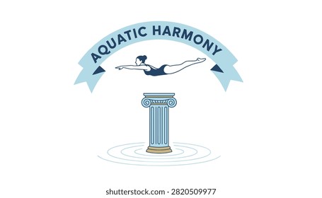Aquatic harmony logo featuring a female swimmer floating gracefully above a classic Greek column in water.