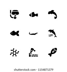 aquatic icon. 9 aquatic set with dolphin, alligator, biology shape and scuba diving vector icons for web and mobile app