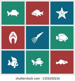 Aquatic icon. collection of 9 aquatic filled icons such as fish, starfish, extinct sea creature. editable aquatic icons for web and mobile.