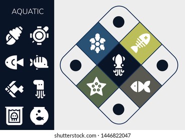 aquatic icon set. 13 filled aquatic icons.  Collection Of - Squid, Creature, Fishbowl, Fish, Octopus, Seashell, Turtle, Starfish
