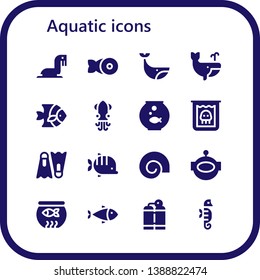 aquatic icon set. 16 filled aquatic icons.  Simple modern icons about  - Sea lion, Fish, Whale, Squid, Fishbowl, Creature, Dive, Shell, Aqualung, Fish bowl, Oxygen tank, Seahorse