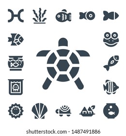 aquatic icon set. 17 filled aquatic icons.  Simple modern icons about  - Pisces, Fish, Aquarium, Turtle, Creature, Frog, Sea urchin, Seaweed, Seashell, Fishbowl