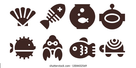 aquatic icon set. 8 filled aquatic icons.  Simple modern icons about  - Puffer fish, Shell, Hermit crab, Fish, Fishbowl, Turtle, Aqualung