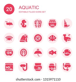 aquatic icon set. Collection of 20 filled aquatic icons included Dolphin, Seahorse, Salmon, Fishbowl, Hermit crab, Seashell, Frog, Fish, Scallop, Whale, Aquarium, Manta ray, Blowfish
