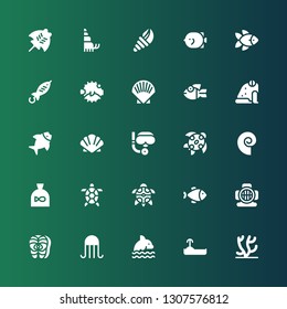 aquatic icon set. Collection of 25 filled aquatic icons included Coral, Turtle, Dolphin, Jellyfish, Salmon, Aqualung, Fish, Tortoise, Seashell, Scuba diving, Scallop, Frog, Shell
