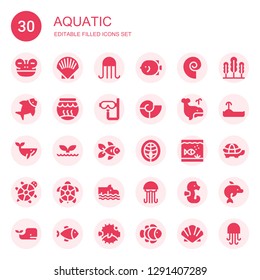 aquatic icon set. Collection of 30 filled aquatic icons included Frog, Shell, Jellyfish, Fish, Seashell, Fishbowl, Dive, Whale, Goldfish, Salmon, Aquarium, Tortoise, Turtle, Hippo