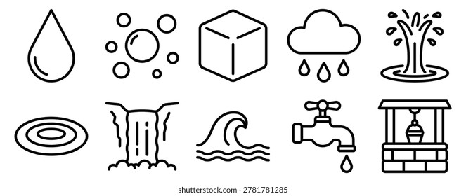 Aquatic icon set line outline collection for water themed symbols including wave drop rain waterfall and marine elements