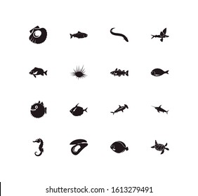Aquatic icon set and sea turtle with hammerhead shark, cod fish and sea horse. Puffer fish related aquatic icon vector for web UI logo design.