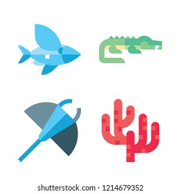 aquatic icon set. vector set about crocodile, flying fish, manta ray and coral icons set.