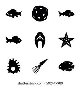 aquatic icons set. Set of 9 aquatic filled icons such as fish, starfish