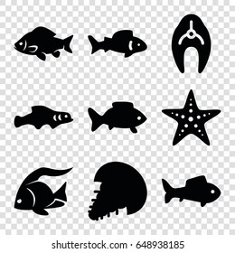 Aquatic icons set. set of 9 aquatic filled icons such as fish, starfish, extinct sea creature