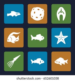 Aquatic icons set. set of 9 aquatic filled icons such as fish, starfish, extinct sea creature