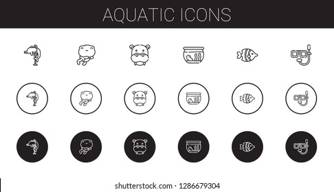 aquatic icons set. Collection of aquatic with dolphin, frog, hippopotamus, fishbowl, fish, dive. Editable and scalable aquatic icons.