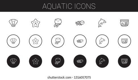 aquatic icons set. Collection of aquatic with seashell, starfish, frog, turtle, dolphin, fishbowl. Editable and scalable aquatic icons.
