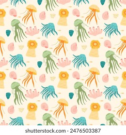 Aquatic Invertebrates seamless pattern. Jellyfishes, sea anemone and others endless background. Vector hand drawn flat illustration.