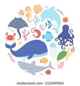 Aquatic life, sea animals, corals, seaweed and seashells. Whale, fish, shark, dolphin, seahorse, underwater creatures and plants in circle vector set