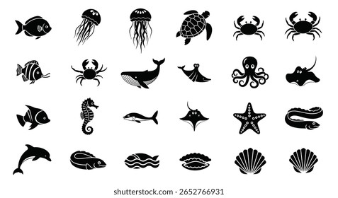 Vida aquática Silhueta Ícones Preto em Branco Subaquático Mar Criaturas Oceano Elementos