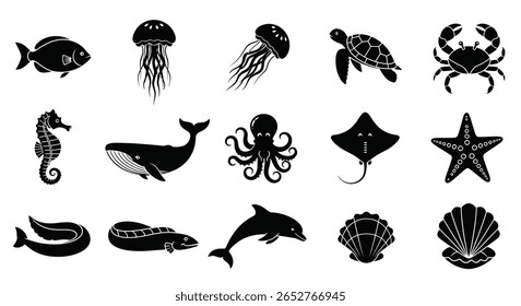 Vida Aquática Silhueta Ícones Preto em Branco Marinha Animais Oceano Criaturas Coleção