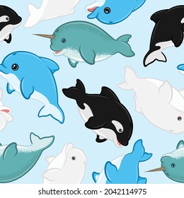 Aquatic Mammal pattern with childish cartoon shape, beluga, dolphin, killer whale, narwhal