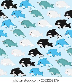 Aquatic Mammal pattern with childish cartoon shape, beluga, dolphin, killer whale, narwhal