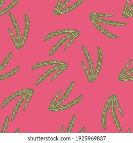 Aquatic marine foliage seamless pattern with green random seaweed ornament. Pink background. Simple design. Perfect for fabric design, textile print, wrapping, cover. Vector illustration.