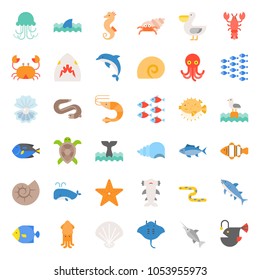 Aquatic Ocean life such as octopus, shell, pelican, herd of fish, tropical fish, flat icon set