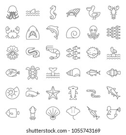 Aquatic Ocean life such as octopus, shell, pelican,herd of fish, outline icon set