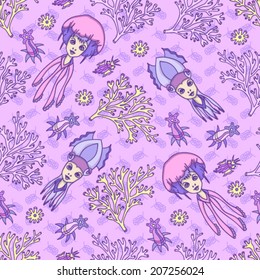 Aquatic pattern with flowers, jellyfish and squid girls Seamless pattern can be applied on different surfaces such as wallpaper, web page background, clothes and other fabrics, phone or tablet cases