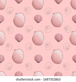 Aquatic pattern with seashells in gentile powder pink shades. Seamless vector pattern.