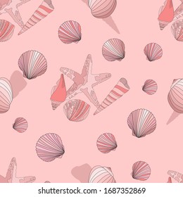 Aquatic pattern with seashells and starfish  in gentile pink shades. Seamless vector pattern.