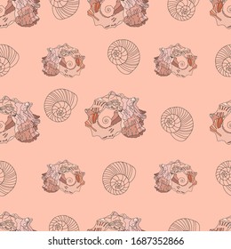 Aquatic pattern with seashells in warm beige shades. Seamless wector pattern.