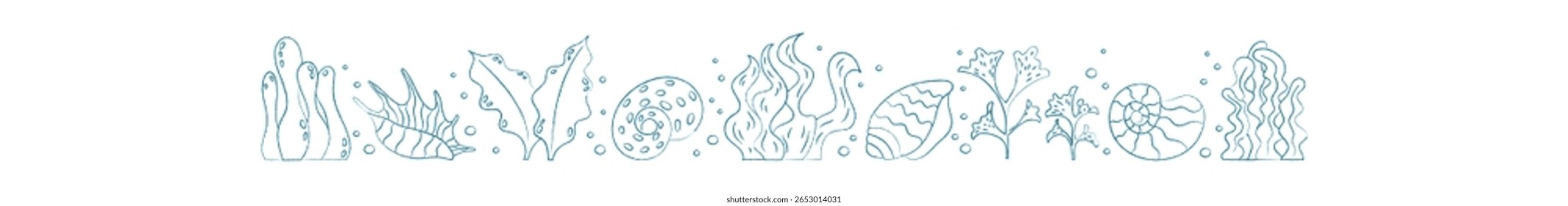 Borda de rabiscar planta aquática. Projeto de vida subaquática de coral. Textura do mar com muitas criaturas marinhas, estilo plano para projetos de verão. Perfeito para um aquário ou cabeçalho temático subaquático.