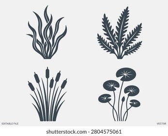 Aquatic plants silhouette vector icon set seaweed water reeds pond flora for nature ecosystem design