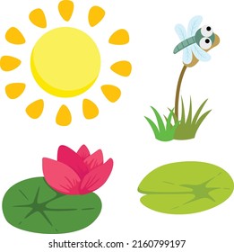 Aquatic pond element vector clipart Sun, lotus flower and leaves, dragonfly