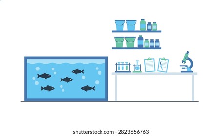 Aquatic research laboratory with a large fish tank and microscope for scientific study and analysis of marine life environments.