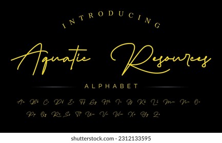 Aquatic Resources Lettering signature font isolated on grey background. brus style alphabet. Vector logo letters.
