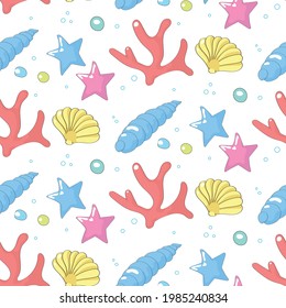 Aquatic Seamless Pattern. Underwater, doodle, hand drawn, vector.