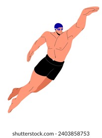 Deportista acuático. Deportista profesional en gorra de natación, gafas entrenando estilo mariposa. Nadadora flotando en estilo libre. Joven con cuerpo atlético. Ilustración vectorial aislada plana en blanco