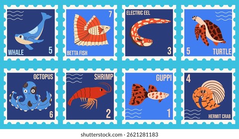 Aquatic stamps set with whale, betta fish, electric eel, turtle, octopus, shrimp, Guppi. Underwater elements with animals. Hand drawn  vector illustration.