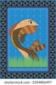 Aquatic Symphony: A Vibrant Gond Depiction of Fish. Gond fish painting, Indian folk art fish, Tribal fish artwork, Gond aquatic art, Wildlife Gond painting.