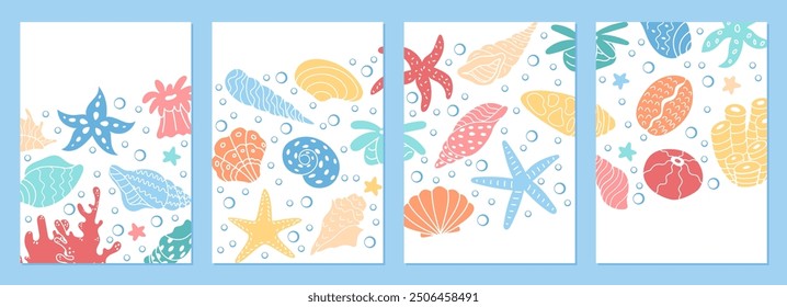 Aquatic themed illustration set with marine life and coral formations in a vibrant underwater setting. Showcases a design variety of life forms in the ocean water, full of color and beauty.