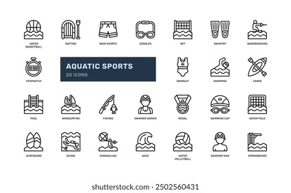 Aquatic water sport competition on pool or sea athlete detailed outline line icon set