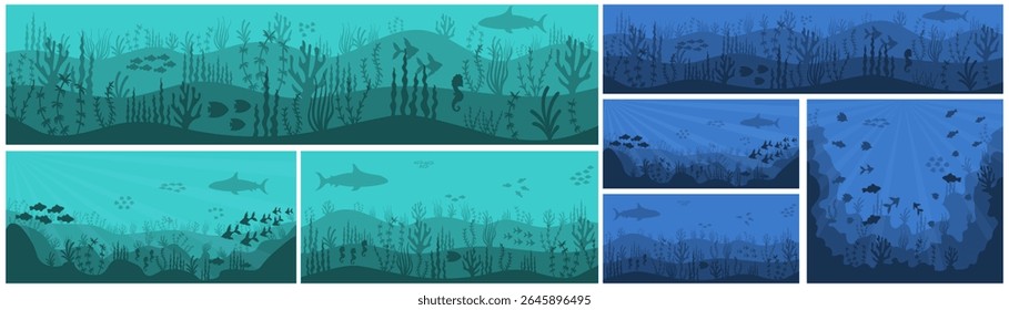 Aquatic wildlife in underwater seascape with reef plants and fauna. Beautiful cartoon fish and ocean flora. Blue marine scenery with wild nature, wave motion, and silhouette view.